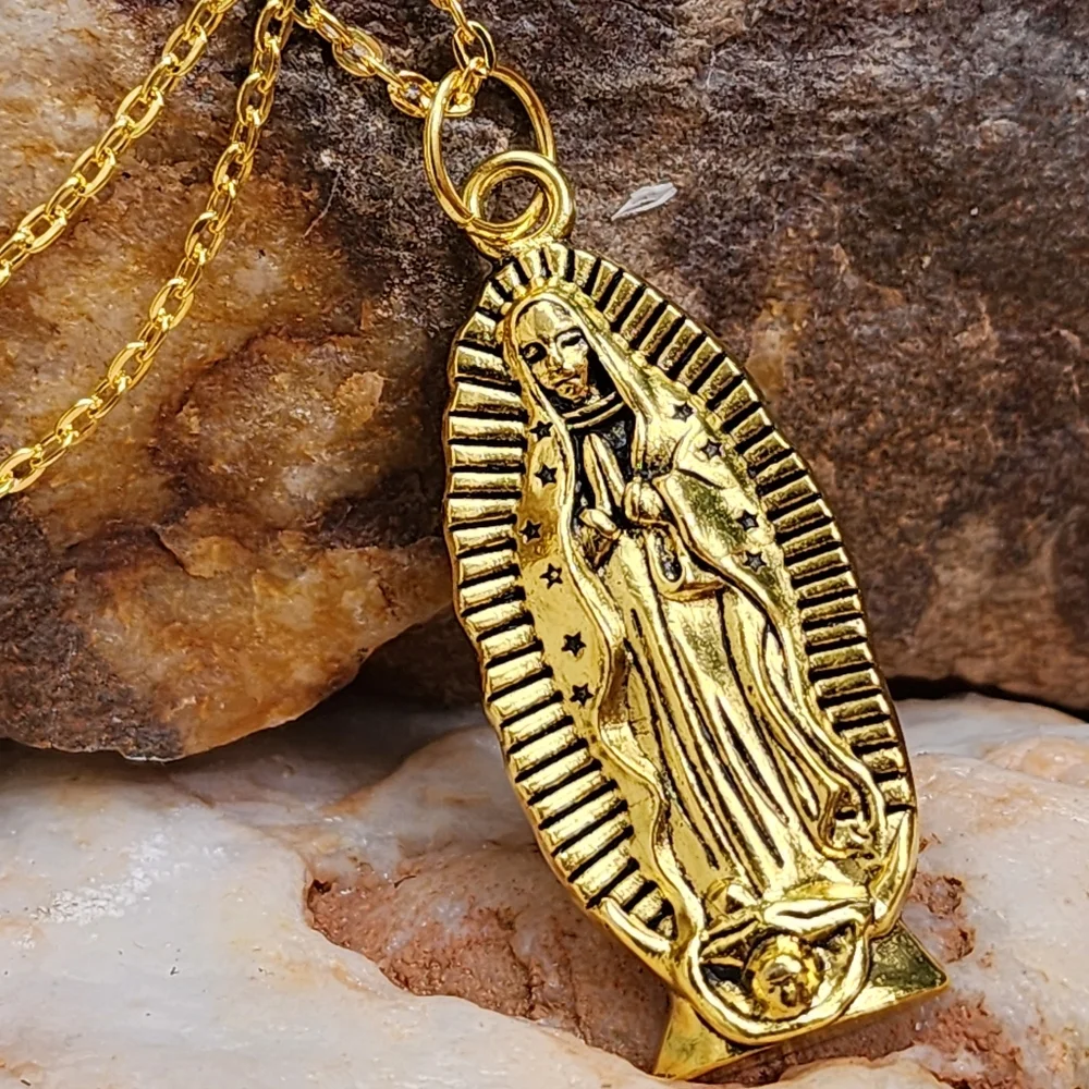 Large Our Lady of Guadalupe' Gold Medallion Long Chain Magnolia Rose